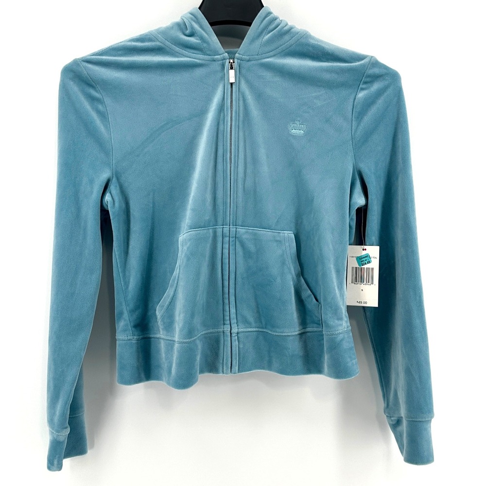 Juicy Couture Hoodie Women Small Teal Solid Slim Fit Y2K Velour Full Zip Crown